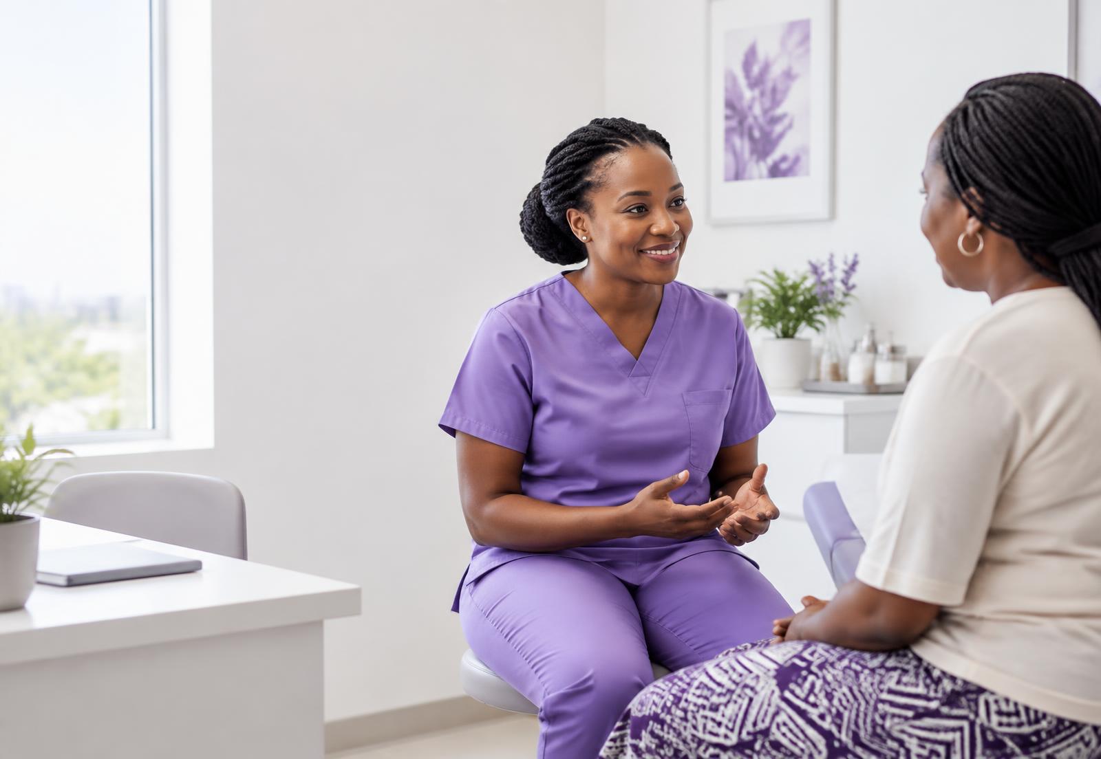 A healthcare professional speaking with a patient in a bright clinic